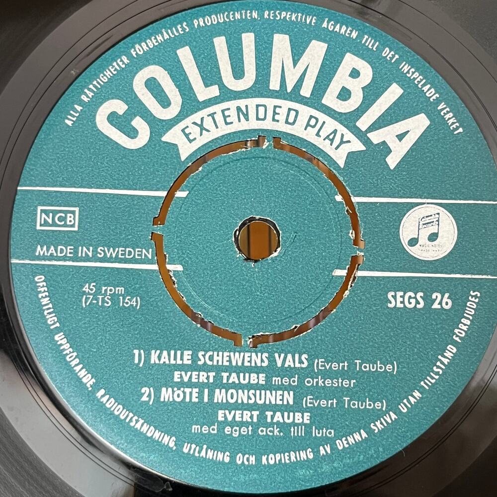 Evert Taube Calle Schewens Vals 7" 45rpm EP 1956 Columbia SEGS-26 Sweden - Picture 3 of 7